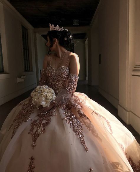 Quincenera Dresses Quincedresses.com, 15 Rose Gold Dresses, Pink And Rose Gold Dress, Red And Rose Gold Quince Dress, Western Quinceanera Ideas Dresses, White And Rose Gold Sweet 16 Dress, Surprise Dress For Quince, Quince Dresses With Long Sleeves, Quinceanera Dresses For Dark Skin