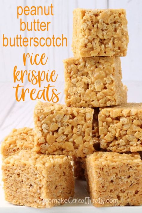 Kick up the flavor in your batch of marshmallow cereal treats by adding in peanut butter and butterscotch. We took our very best rice crispy treat recipe and added melted butterscotch chips and creamy peanut butter to make these delicious Peanut Butter Butterscotch Rice Krispie Treats. #ricekrispietreats #ricecrispytreats #cerealtreats Rice Crispy Treats Butterscotch, Peanut Butter Caramel Rice Krispie Treats, Peanutbutter Butterscotch Rice Krispies, Rice Krispie Treats With Butterscotch Chips, Rice Krispie Scotcheroos Butterscotch Chips, Peanut Butter Butterscotch Rice Crispy Treats, Peanut Butter Butterscotch Bars, Butterscotch Rice Krispie Bars, Butterscotch Peanut Butter Rice Krispies