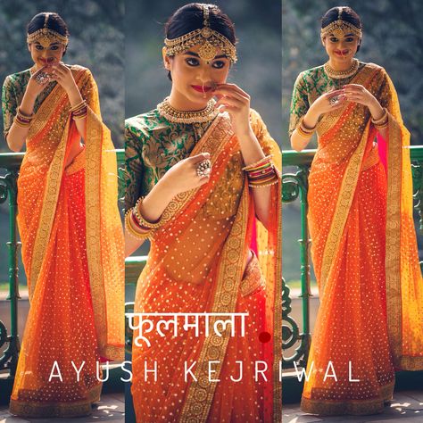 Saree by Ayush Kejriwal For purchases email me at  designerayushkejriwal@hotmail.com or what's app me on 00447840384707  We ship WORLDWIDE. Instagram - designerayushkejriwal Saree Contrast Blouse, Ayush Kejriwal, Pengantin India, Orange Saree, Orange Colour, Indian Woman, Green Saree, Contrast Blouse, Elegant Saree