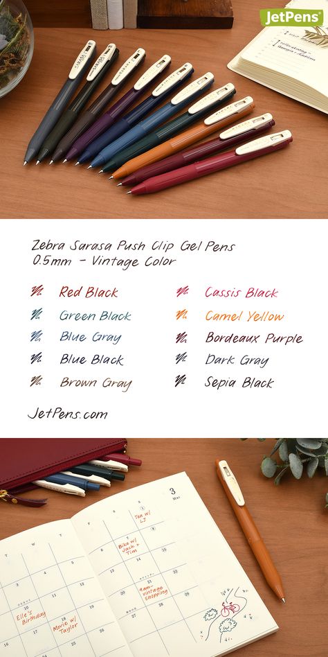 Enjoy writing in chic, subdued colors with these Zebra Sarasa Vintage Color gel pens. Zebra Pens Sarasa, Zebra Sarasa Vintage, Sarasa Pen, Sarasa Pens, Y2k Tech, Writing Samples, Pen Ideas, Study Aesthetics, Note Ideas