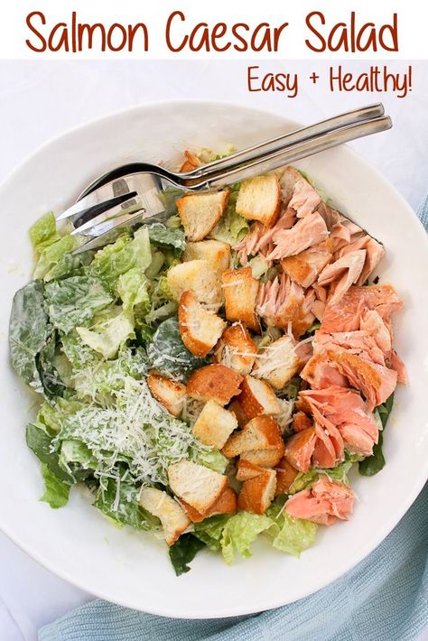 This Salmon Caesar Salad is a healthy and delicious take on a classic Caesar.  It features easy, homemade dressing, freshly baked croutons, and pan-seared salmon. #salmon #salad #recipe #healthy #caesar What To Serve With Salmon, Salmon Caesar Salad, Seafood Salad Recipe, Caesar Recipe, Sea Food Salad Recipes, Salmon Salad Recipes, Recipe Salad, Resep Salad, Caesar Salad Recipe