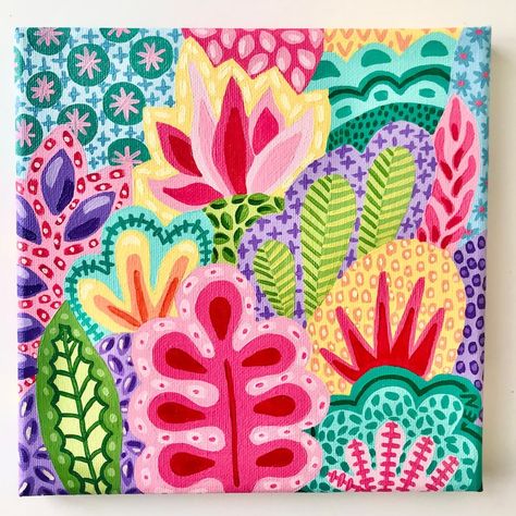 Art mural coloré, 20x20cm, Peinture acrylique sur toile - Etsy France Plate Collage, Zentangle Inspiration, Toile Design, Gelli Plate, Art Plastique, Art Abstrait, Green Flowers, Art Sur Toile, Textile Design