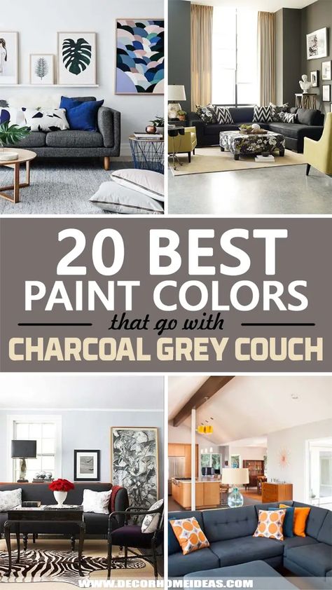 What Colors Go With Charcoal Grey Couch and Sofa. Wonder how to match your wall paint color with the charcoal grey couch? These color ideas will help you make the most of this tricky combination. #decorhomeideas Living Room Paint Colors With Grey Couch, Living Room Color Combination Grey Sofa, Dark Grey Couch Color Scheme, Grey Sofa Matching Colors, Grey Sofa Lounge Ideas, Charcoal Grey Couch Pillow Ideas, Dark Grey Couch Living Room Colour Schemes, Colours That Go With Charcoal Grey, Wall Color For Grey Sofa