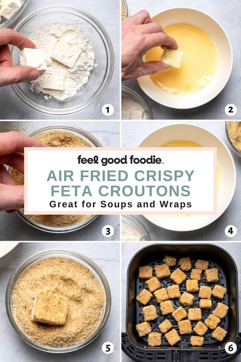 Add some flavor to your salads with these crispy feta croutons! Cubes of feta are coated with seasoned breadcrumbs and air fried to perfection before being paired with a light and refreshing salad. This is such a fun way to elevate a simple salad! Fried Feta Salad, Air Fryer Feta Cheese, Fried Feta Cheese, Crispy Feta, Fried Feta, Feta Bites, Crouton Salad, Feta Cheese Recipes, Cheese Croutons