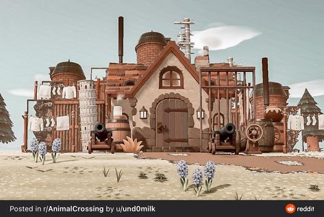 Acnh Steampunk Design, Animal Crossing Howls Moving Castle Design, Acnh Post Apocalyptic, Acnh Abandoned Building, Steampunk Animal Crossing Island, Acnh Steampunk, Steampunk Island, Acnh Industrial, Acnh Abandoned