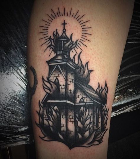 burn Burning Church Traditional Tattoo, Burning Church Tattoo Design, Manga Samurai, Tattoos Ideas For Men, Church Tattoo, Burning Church, Small Tattoos Ideas, Satanic Tattoos, Castle Tattoo