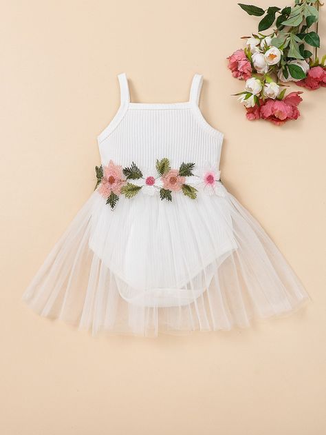 [PaidLink] White Collar Sleeveless Fabric Floral Cami Embellished Slight Stretch Baby Girls Clothing #babygirlclothing Tulle Tutu Skirt, Cami Bodysuit, Floral Cami, Baby Jumpsuit, Girl Onesies, Overlay Dress, Mesh Overlay