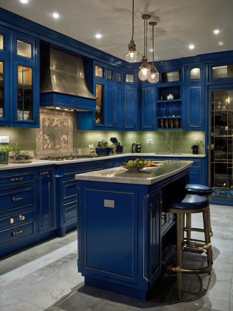 39 Trendy Blue Kitchen Cabinet Ideas - whatdosquirreleat.com Royal Blue Cabinets, Blue Kitchen Cabinet Ideas, Corner Kitchen Sink Ideas, Blue Kitchen Cabinet, Kitchen 2025, Corner Kitchen Sink, Dark Blue Kitchens, Blue Kitchen Designs, Timeless Kitchen Design