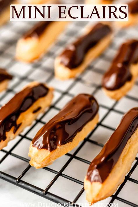 Mini Eclairs are simply smaller versions of classic eclairs. These two-bite treats are made with classic, French pate a choux pastry, filled with vanilla pastry cream, and topped with a chocolate glaze. They are easy to make and perfect for entertaining. | #eclairs #minieclairs #dessert #baking #pastry #french Cakes 2023, Mini Eclairs, Chocolate Eclairs, Pastry Cream Recipe, Eclair Recipe, Gingerbread Cupcakes, Chocolate Eclair, Chocolate Pastry, Pastry Shells