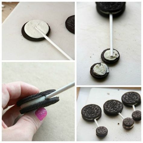 Oreo pop baby rattles. Then dip in blue or pink melted candy coating and add a row of round candy sprinkles across center of wet large Oreo for design ...use a tweezer Melted Candy, Oreo Cake Pops, Boy Baby Shower Ideas, Baby Shower Treats, Shower Desserts, Candy Sprinkles, Baby Shower Desserts, Dessert Party, Oreo Pops