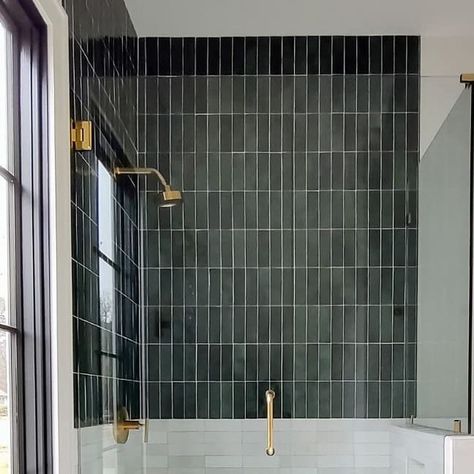 Bedrosians Tile and Stone on Instagram: "Loving the combination of white and green cloe in this walk-in shower! Shower Tile: Cloe 2.5x8 in White and Green Designed by @myurbanhaus" Green Tile Bathroom, Green Tile, Walk In Shower, Guest Bathroom, Green Design, Shower Tile, Tile Bathroom, Design Inspo, Bathroom Design