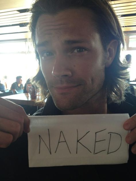 "Well here you go!!!  What I promised.... What you've all been waiting for.... Here's my "naked" photo..." Supernatural Sam, Winchester Boys, Jared And Jensen, Supernatural Cast, Beating Heart, Supernatural Fandom, Sam Winchester, Jared Padalecki, Destiel