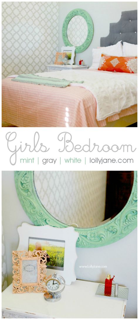 Pretty mint gray + white girls bedroom | lollyjane.com White Girls Bedroom, Mint Bedroom, Moroccan Stencil, Rustic Bedroom Decor, Bedroom Decor For Couples, Wall Diy, Gorgeous Bedrooms, Farmhouse Bedroom Decor, Toddler Bedrooms