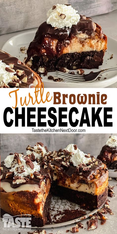 Pecan Turtle Brownie Cheesecake Recipe Brownie Turtle Cheesecake, Caramel Turtle Brownies, Turtle Cheesecake Brownies, Turtle Pecan Cheesecake, Brownie Crust Cheesecake, Turtle Cheesecake Recipe Easy, Turtle Lasagna Dessert, Reese Pie, Turtle Brownie Cheesecake