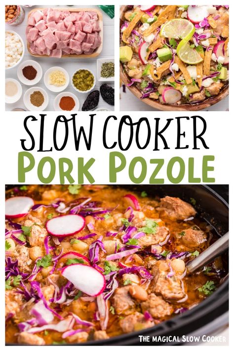 Try this easy slow cooker pork posole for a weekend meal. It's a comforting Mexican soup full of pork, hominy, and beans and bursting with chile and lime flavor. Pozole is not complicated to make if you use your slow cooker. - The Magical Slow Cooker Hominy Stew, Pozole Rojo Recipe, Pork Pozole, Mexican Pozole, Mexican Slow Cooker, Pork Posole, Amazing Slow Cooker Recipes, Slow Cooker Mexican, Pozole Recipe