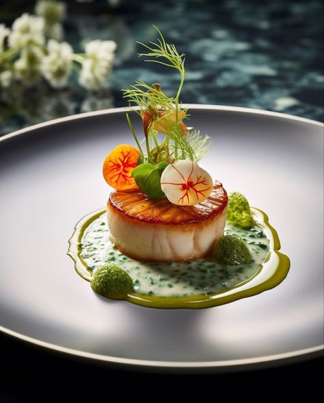 Fine Dining Scallop Dishes, Scallop Plating, Michelin Plating, Seafood Fine Dining, Fish Plating, Fine Dining Starters, Gastronomic Food, Fine Dining Plating, Gourmet Dishes