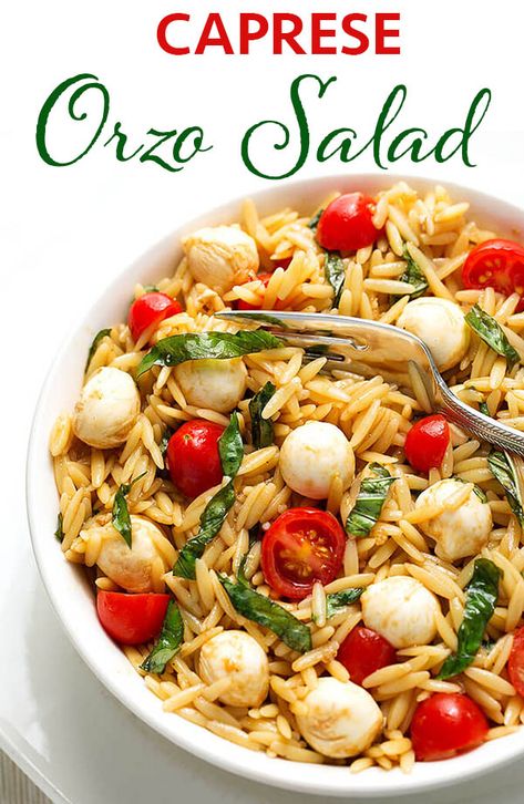 Caprese Orzo Salad is a light and refreshing pasta salad with tomatoes, basil, mozzarella and a light balsamic dressing. Enjoy this Caprese Orzo Pasta Salad as a main dish or a side dish salad. simplyhappyfoodie.com #pastasaladrecipe #orzo #capresesalad #capreseorzopastasalad #summersalad #orzosalad Caprese Orzo Pasta Salad, Basil Orzo Salad, Pasta Salad Caprese, Pasta Salad Orzo, Orzo Salads, Caprese Orzo, Salad Orzo, Pasta Salad With Tomatoes, Light Pasta Salads