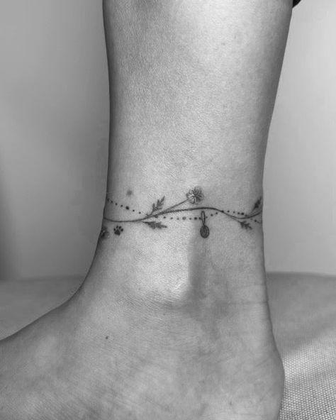 Dainty Anklet Tattoo, Floral Anklet Tattoos For Women, Tattoos For Women Watercolor, Tattoos With Initials, Tattoos For Women Minimalist, Ankle Bracelets Tattoos For Women, Charm Anklet Tattoo, Tattoo Touch Up, Anklet Tattoos For Women