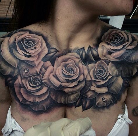 Chest of roses Chest Tattoo Female Upper, Rose Chest Tattoo, Roses Tattoos, Tattoos Chest, Full Chest Tattoos, Tattoo Roses, Chest Tattoo Female, Floral Thigh Tattoos, Tattoos For Dog Lovers