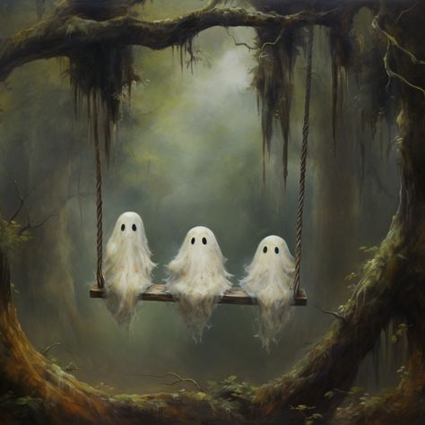 Cute Ghosts on Swing Print Victorian Gothic Art, Cottagecore Artwork, Painting Cottagecore, Halloween Svgs, Helloween Wallpaper, Halloween History, Dark Academia Prints, Spooky Things, Ghost Images