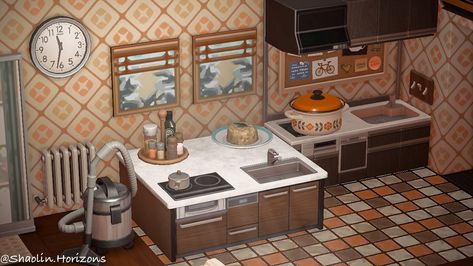 Acnh Retro, Animal Crossing Interior Design, Animal Crossing House, Acnh Interior, Acnh House, Retro Apartment, 80s House, Animal Crossing Town, Happy Home Paradise