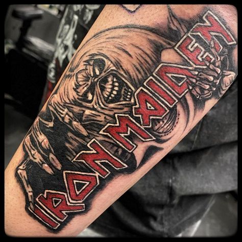 Iron Maiden Tattoo Ideas, Maiden Name Tattoo, Dave Tattoo, Name Tattoo Placements, Maiden Tattoo, Metal Tattoos, Last Name Tattoos, Iron Maiden Tattoo, Name Tattoos On Arm