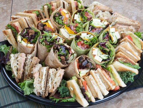 Planning a light lunch with sandwiches and/or wraps to stay within budget. Sandwich Platter, Party Sandwiches, Mini Sandwiches, Party Food Platters, Appetizer Bites, Party Platters, Tea Sandwiches, Food Platters, Wrap Sandwiches