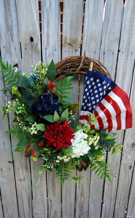 Patriotic Door Wreath, Military Wreath, American Flag Wreath, Flag Wreath, Blue Hydrangeas, Fourth Of July Decor, White And Blue Flowers, Wreath Hanger, Patriotic Crafts