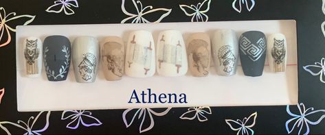 Short coffin; scrolls for wisdom, cameo with her helm, olive wreath, owls Greek Mythology Nail Art, Greek Mythology Nails, Olive Wreath, Short Coffin, Greek Gods And Goddesses, Nice Nails, Nail Art Designs Diy, Random Ideas, Greek Goddess