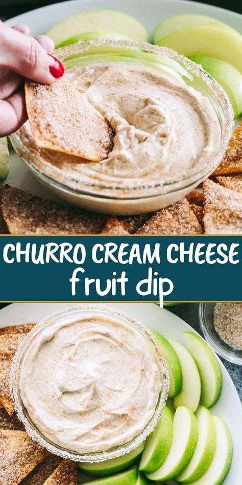 Kick up your fruit dip experience with our Churro Cream Cheese Fruit Dip. A light yet indulgent blend of cream cheese, butter, cinnamon, and sweetness that pairs perfectly with fresh fruits. Irresistibly delicious and just 5 ingredients away from becoming your next favorite dip! Homemade Cream Cheese Fruit Dip, Chocolate Chip Fruit Dip, Sweet Dips For Parties Cream Cheeses, Cream Cheese Marshmallow Fruit Dip, Fruit Fries Yogurt Dip, Dip Tray Ideas, Fruit Tray With Dip, Churro Dip, Breakfast Dips