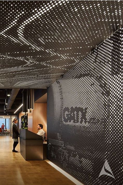 Metal Panel Ceiling, Perforated Metal Panel, Modern Apartment Interior, Industrial Office Design, Perforated Metal, Panel Systems, Metal Ceiling, Building Facade, Ceiling Panels