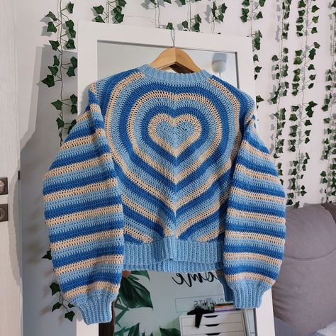 Crochet Star Jumper Pattern, Crochet Star Sweater, Heart Sweater Crochet Pattern, Crochet Heart Sweater, Crochet Heart Granny Square Sweater, Blue Patchwork Crochet Sweater, Casual Blue Crochet Sweater, Crochet Sweater Design, Crochet Fairy