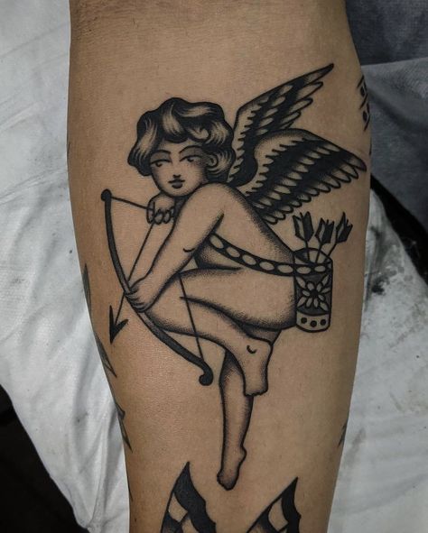 Archer Tattoo, Traditional Heart Tattoos, Traditional Tattoo Drawings, Cupid Tattoo, Traditional Black Tattoo, Cowgirl Tattoos, Traditional Tattoo Inspiration, Cherub Tattoo, Traditional Style Tattoo