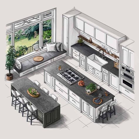 Chef Kitchen Layout, House Drawing Interior, Architectural Concept Board, Kitchen Layout Inspiration, Large Kitchen Layout, Kitchen Blueprints, Kitchen Plans Layout, Reform Kitchen, Kitchen Island Layout