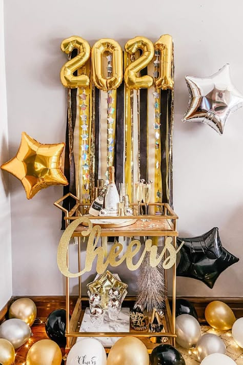 Take a look at this magnificent New Years Eve celebration! The decor is fabulous! See more party ideas and share yours at CatchMyParty.com New Year Backdrop Ideas Diy, Dessert Table Decorations, Table Treats, Nye Decorations, New Years Eve Party Ideas, New Year Backdrop, Dessert Table Backdrop, New Year Ideas, Dessert Table Decor