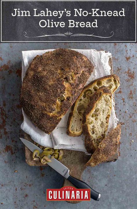 This no-knead olive bread from Jim Lahey is made with just flour, water, yeast, and olives. The result is a uniquely flavored, chewy artisan bread. #bread #breadrecipes #homemadebread #olivebread #noknead #jimlahey Sourdough Breads, Jim Lahey, Peasant Bread, Artisan Breads, Knead Bread Recipe, Homemade Sandwich, A Loaf Of Bread, Olive Bread, Artisan Bread Recipes