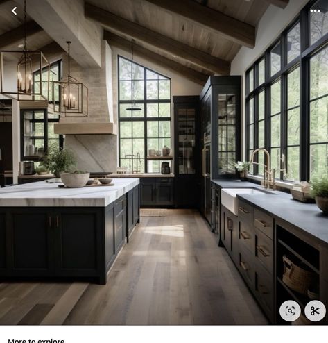 Rustic Wooden Kitchen Cabinets, Katy Hearn House, Luxury Mountain Kitchen, Kitchen With Window Wall, Kitchen Ideas Black And Wood, Large Window Kitchen, Black Windows Interior Modern, Barndo Kitchen Ideas, Barnhouse Homes