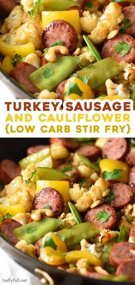 This Turkey Sausage and Cauliflower Stir Fry recipe is an easy and delicious 30-minute skillet dinner, perfect for busy weeknights! Healthy and low carb, too! Sausage And Cauliflower, Turkey Kielbasa Recipes, Sausage Stir Fry, Turkey Sausage Recipes, Cauliflower Stir Fry, Kielbasa Recipes, Stir Fry Dishes, Paleo Crockpot, Easy Family Dinners