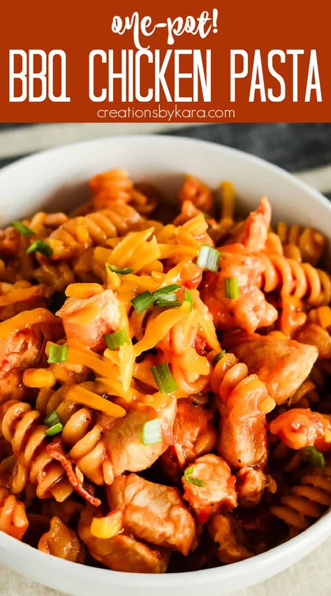 Looking for a delicious and crowd-pleasing dinner idea? Try this easy BBQ chicken pasta recipe that will leave everyone wanting seconds! #bbqchickenpasta #chickenpasta @Creations by Kara Easy Main Course Recipes, Bbq Chicken Pasta, Easy Bbq Chicken, Tangy Bbq Sauce, Low Carb Vegetarian Recipes, Easy Bbq, Easy Chicken Dinner Recipes, Yummy Pasta Recipes, Pan Meals