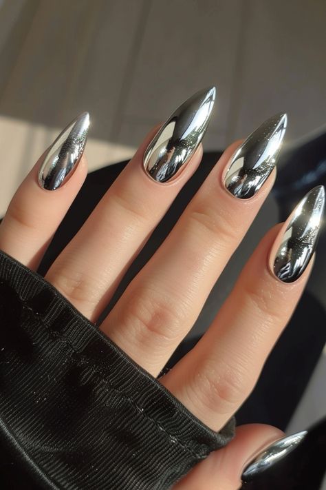 Get ready to dazzle and shine with the hottest nail trend of the season: chrome nails! This mesmerizing look is guaranteed to elevate your style and turn heads wherever you go. So, if you’re looking Nail Shine Design, Silver Chrome Stiletto Nails, Nail Designs Gray, Long Chrome Nails, Mirrored Nails, Chrome Stiletto Nails, Chrome Nail Designs, Metallic Nails Design, Metal Nails