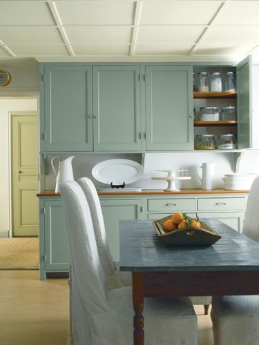 Loving the shade of paint on these kitchen cabinets. Best Interior Paint, Antique Jade, Green Paint Colors, Benjamin Moore Colors, Hunter Douglas, Green Cabinets, Kitchen Cabinet Colors, Kitchen Color, Kitchen Paint