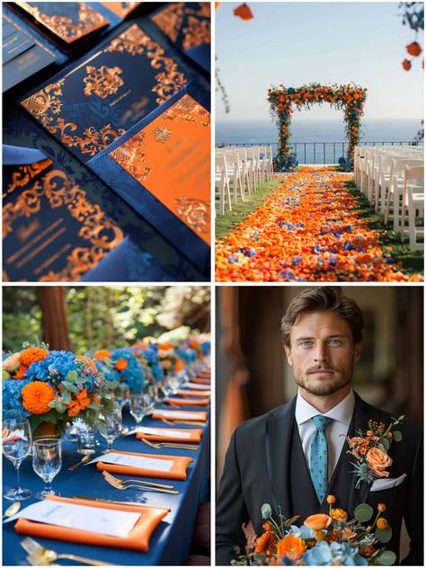 Rustic Cowboy Wedding Theme Ideas for Inspiration Navy Blue And Burnt Orange Wedding Cake, Navy Blue And Burnt Orange Wedding, Rustic Cowboy Wedding, Blue And Orange Wedding Theme, Teal Wedding Colors Schemes, Cowboy Wedding Theme, Navy And Orange Wedding, Teal Orange Weddings, Orange And Blue Wedding