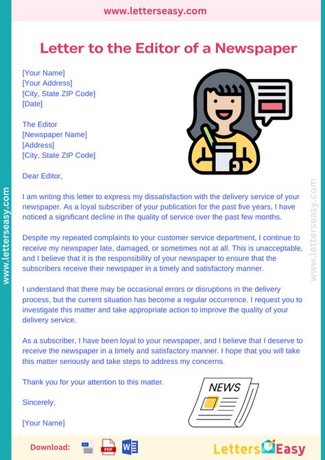 Write a Letter to the Editor of a Newspaper Complaining about - Letters Easy Letter To Editor Format, Letter To The Editor Examples, Writing A Newspaper Article, How To Write Newspaper Articles, Complain Letter Sample, Newspaper Names, Newspaper Format, Letter Writing Examples, A Formal Letter