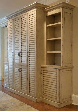 Shutter door cabinet - LOVE the idea Shutter Door Cabinet, Paravan Wood, Modern Window Shutters, Distressed Storage Cabinet, Mudroom Designs, Shoe Storage Design, Beach Window, Shutters Window, Kitchen Shutters