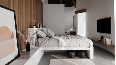 MEEHGO Architects on Behance Concrete Bed Frame, Concrete Bed, High Headboard, Built In Bed, Long Night, Holiday Resort, Beach Bungalows, Night Table, Bed Base