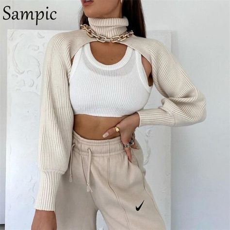 4d6e4749289c4ec58c0063a90deb3964desc51212142ri Cropped Knitted Jumper, Super Crop Top, Casual Turtleneck, Cutout Sweater, Cropped Knit Sweater, Clothing Aesthetic, Cropped Pullover, Cover Beachwear, Athleisure Fashion