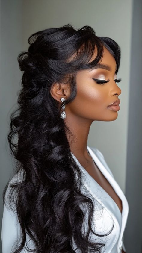 💫🦋 Celebrity-Inspired Bridal Hair Half Up wedding hairstyles half up half down bangs Revolution... Bridal Hair Accessories Black Women, Sew In Wedding Hairstyles Black Women, Bridal Hair Black Women Half Up, Summer Wedding Bride Hair, Wedding Hairstyles For Long Hair Black, Black Bride Hair Down, Wedding Day Hair Black Women, Black Bride Wedding Hairstyles, Black Women Bridesmaid Hairstyles