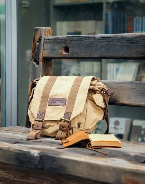 An old wood bench in front of a book shop #bookshop #booklover #afternoon Book Shop, Canvas Messenger Bag, Wood Bench, Canvas Backpack, Back Shoulder, Old Wood, Hiking Backpack, Travel Backpack, A Book