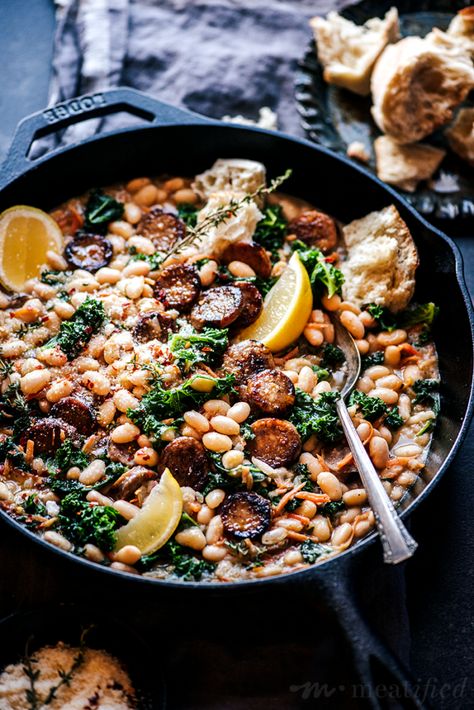 Brothy Italian White Beans with Sausage & Kale Sausage And White Bean Cassoulet, White Beans Sausage, January Dinners, White Beans And Sausage, White Bean Sausage, Beans With Sausage, Dairy Free Meal, Soup Kale, White Beans Recipe