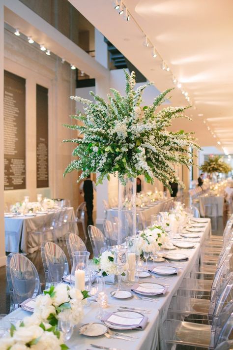 modern grey weddings with acrylic ghost chairs Peonies Wedding Centerpieces, Bridal Wreath Spirea, Wreath Centerpiece, Modern Chic Wedding, Bridal Wreath, Ghost Chairs, Peony Wedding, Wedding Arrangements, Wedding Chairs